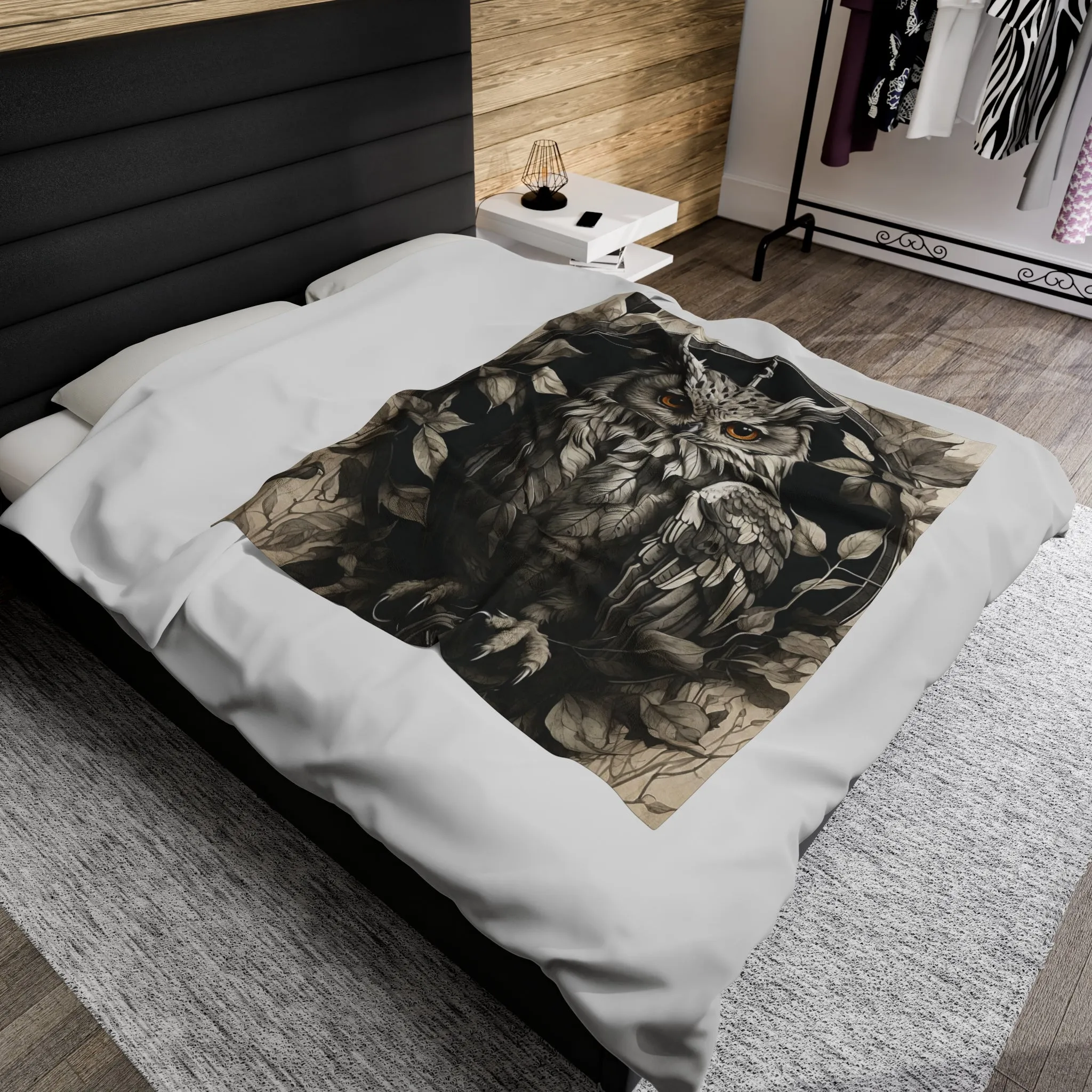 Gray Owl Velveteen Plush Blanket with Compass and Leaves