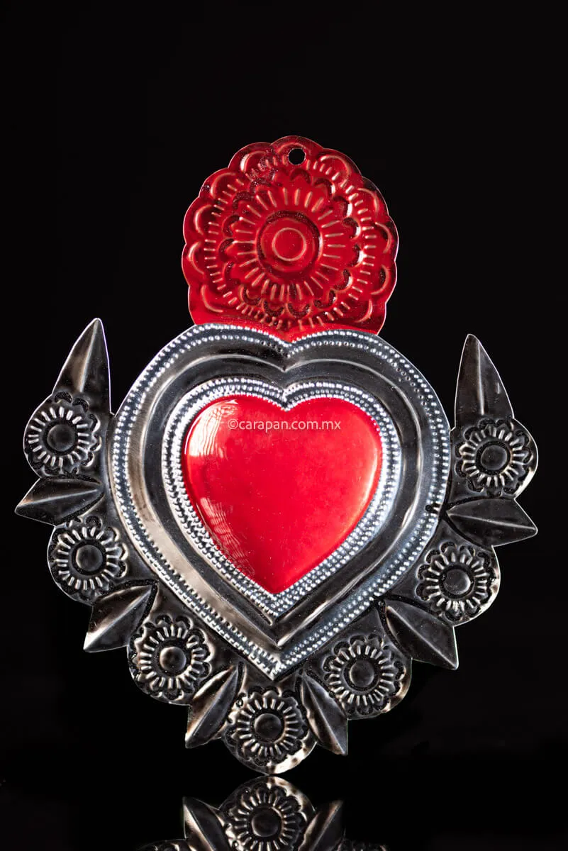 Hand Chiseled Mexican Tin Heart with Flowers