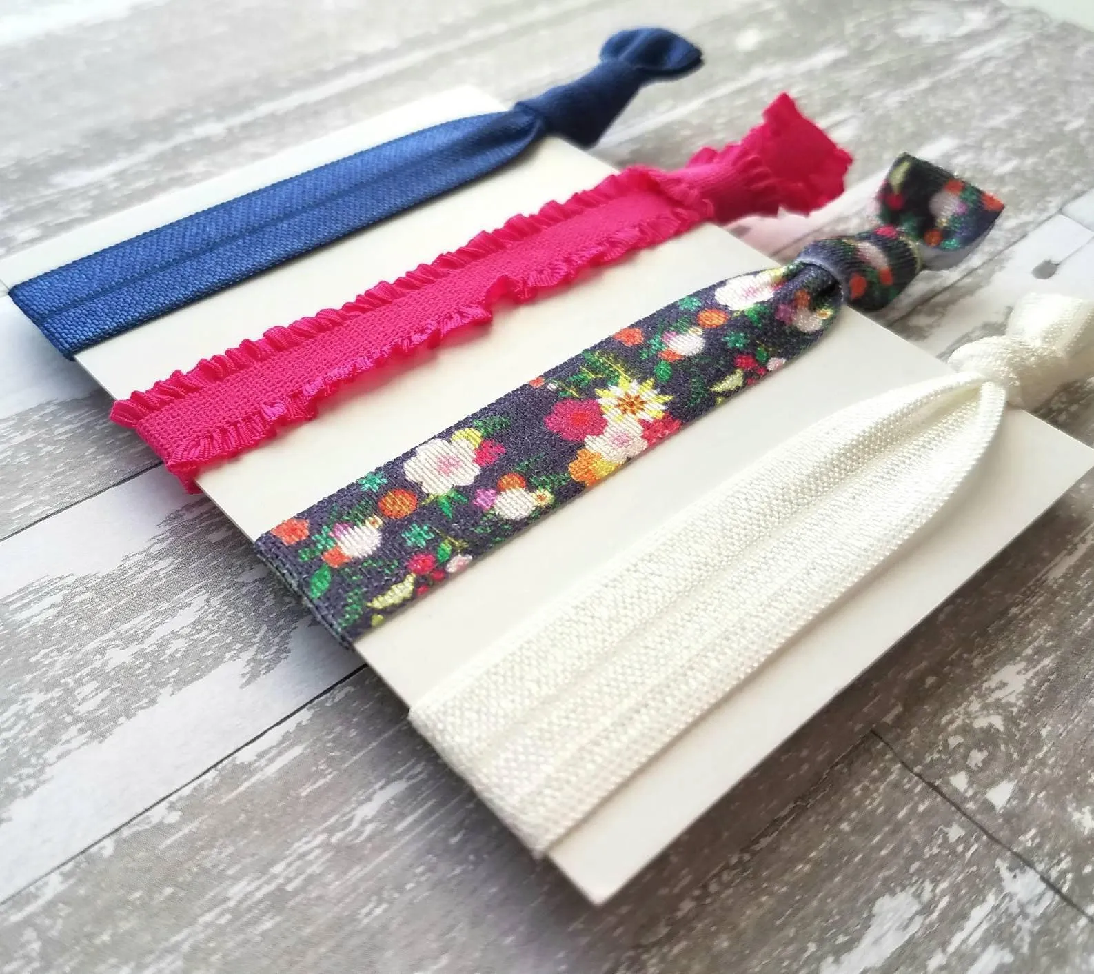 Hot Pink/Navy Hair Accessories - floral tie elastic ruffle stretch ribbon band - pigtail ponytail knot holder set - gentle fine thick thin