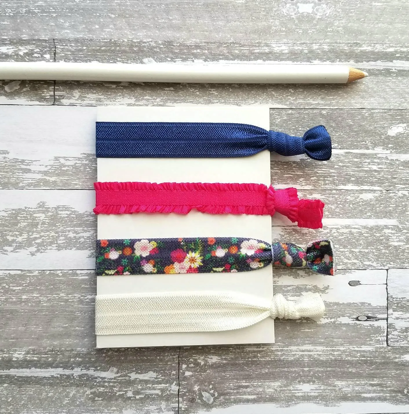 Hot Pink/Navy Hair Accessories - floral tie elastic ruffle stretch ribbon band - pigtail ponytail knot holder set - gentle fine thick thin