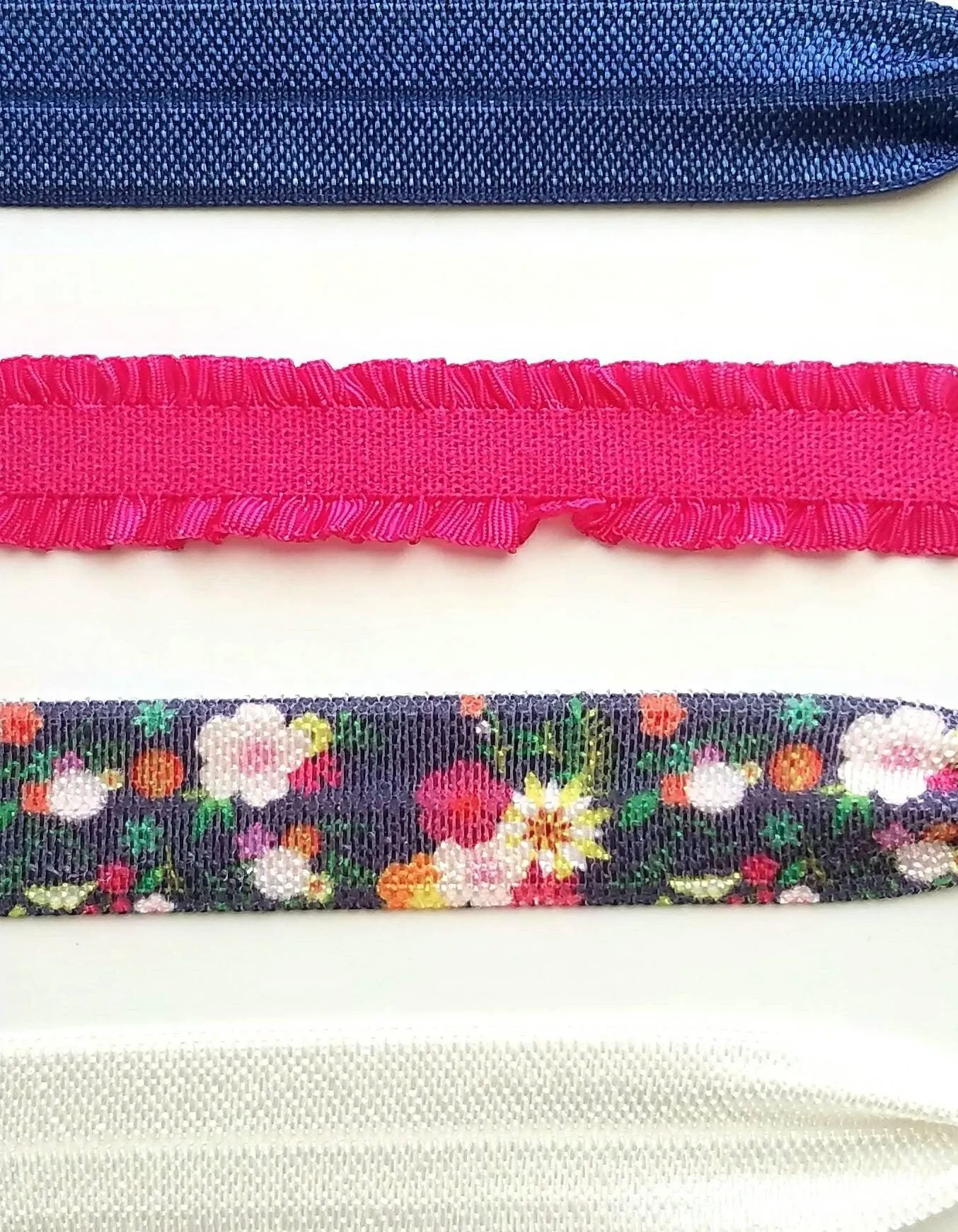 Hot Pink/Navy Hair Accessories - floral tie elastic ruffle stretch ribbon band - pigtail ponytail knot holder set - gentle fine thick thin