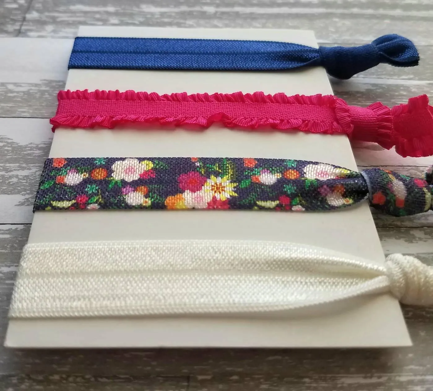 Hot Pink/Navy Hair Accessories - floral tie elastic ruffle stretch ribbon band - pigtail ponytail knot holder set - gentle fine thick thin