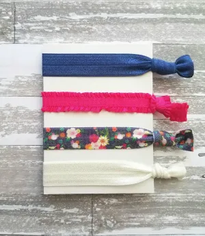 Hot Pink/Navy Hair Accessories - floral tie elastic ruffle stretch ribbon band - pigtail ponytail knot holder set - gentle fine thick thin