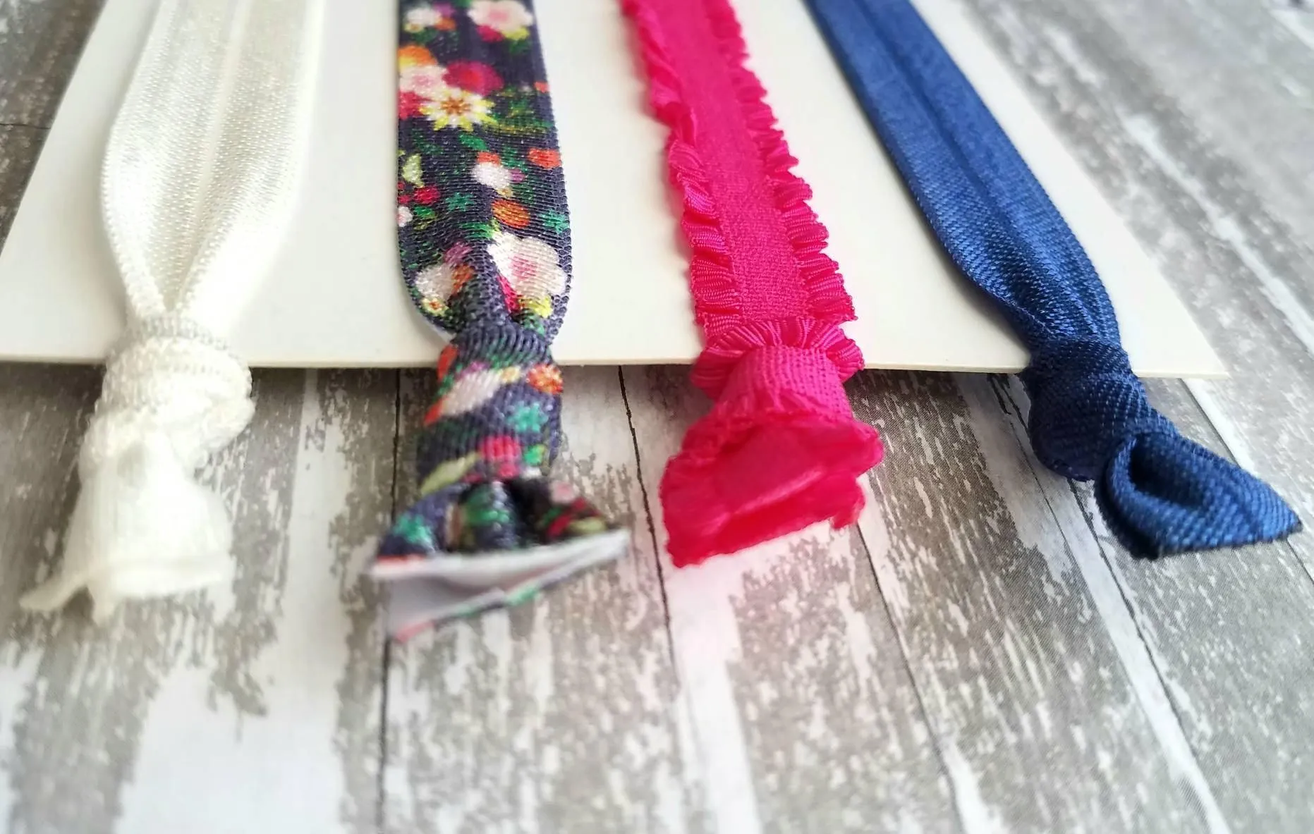 Hot Pink/Navy Hair Accessories - floral tie elastic ruffle stretch ribbon band - pigtail ponytail knot holder set - gentle fine thick thin