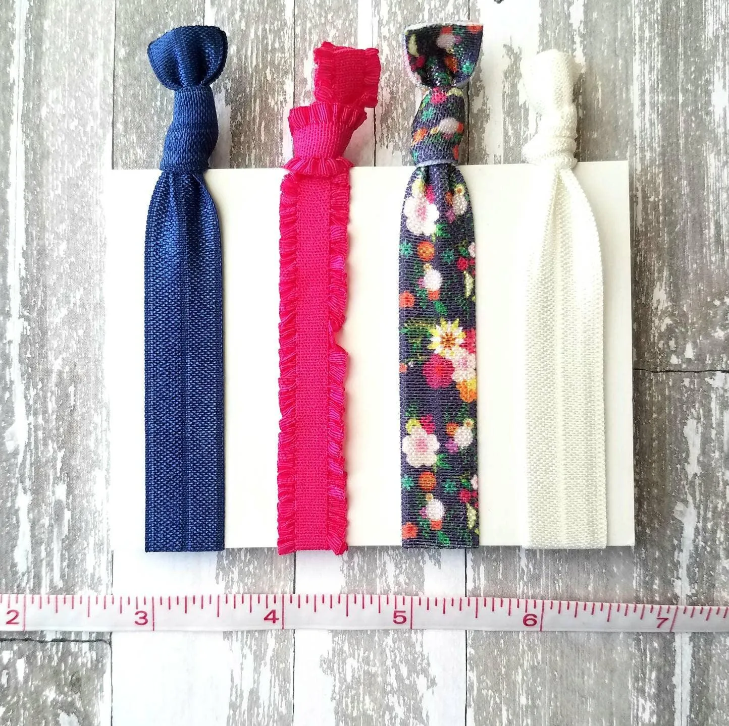 Hot Pink/Navy Hair Accessories - floral tie elastic ruffle stretch ribbon band - pigtail ponytail knot holder set - gentle fine thick thin