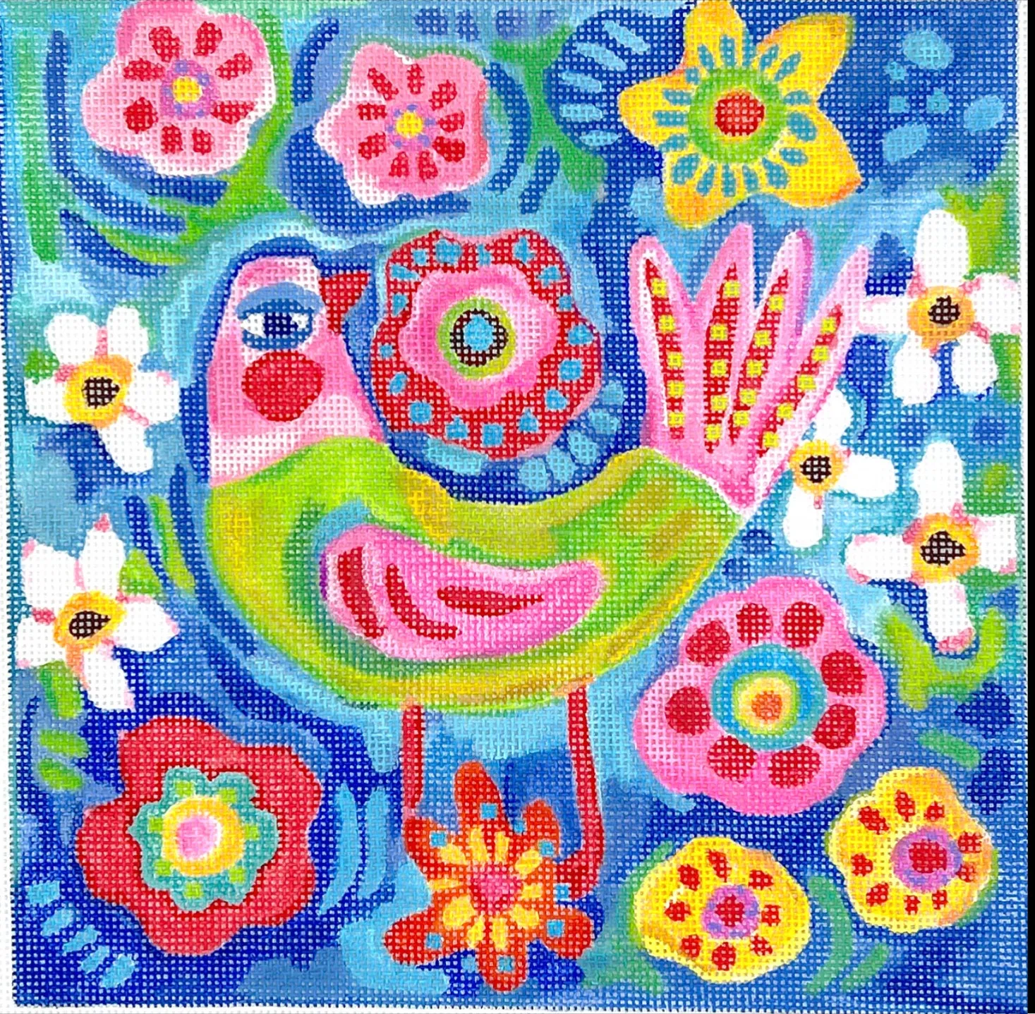 JE-PL-17 Pink & Green Bird w/Flowers on Blue Background