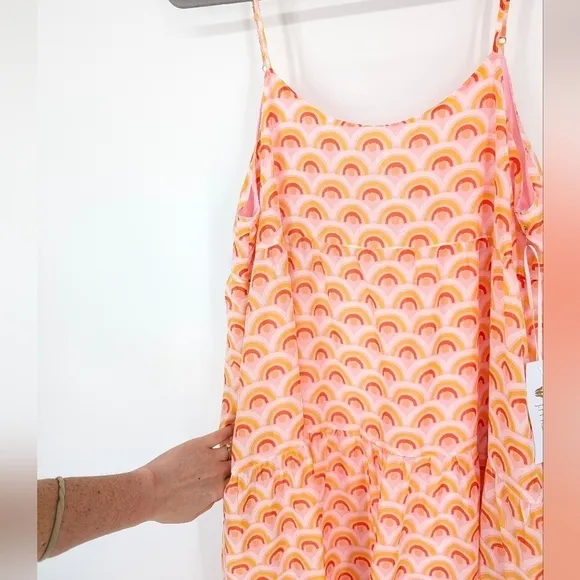 J.Marie Tiered Midi Dress Pink Rainbow Print Pockets NWT