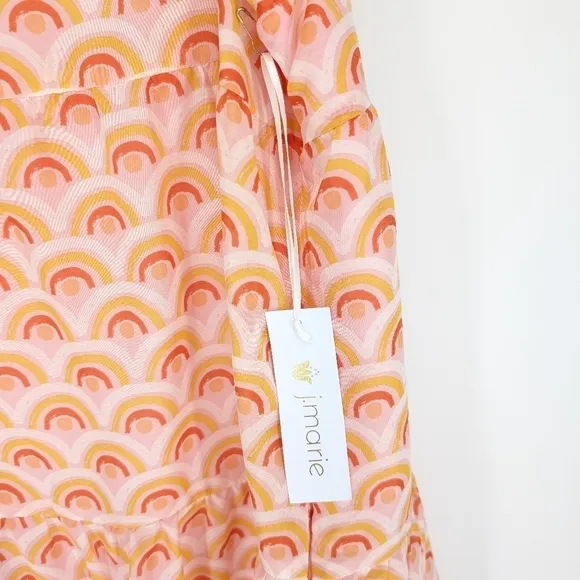 J.Marie Tiered Midi Dress Pink Rainbow Print Pockets NWT