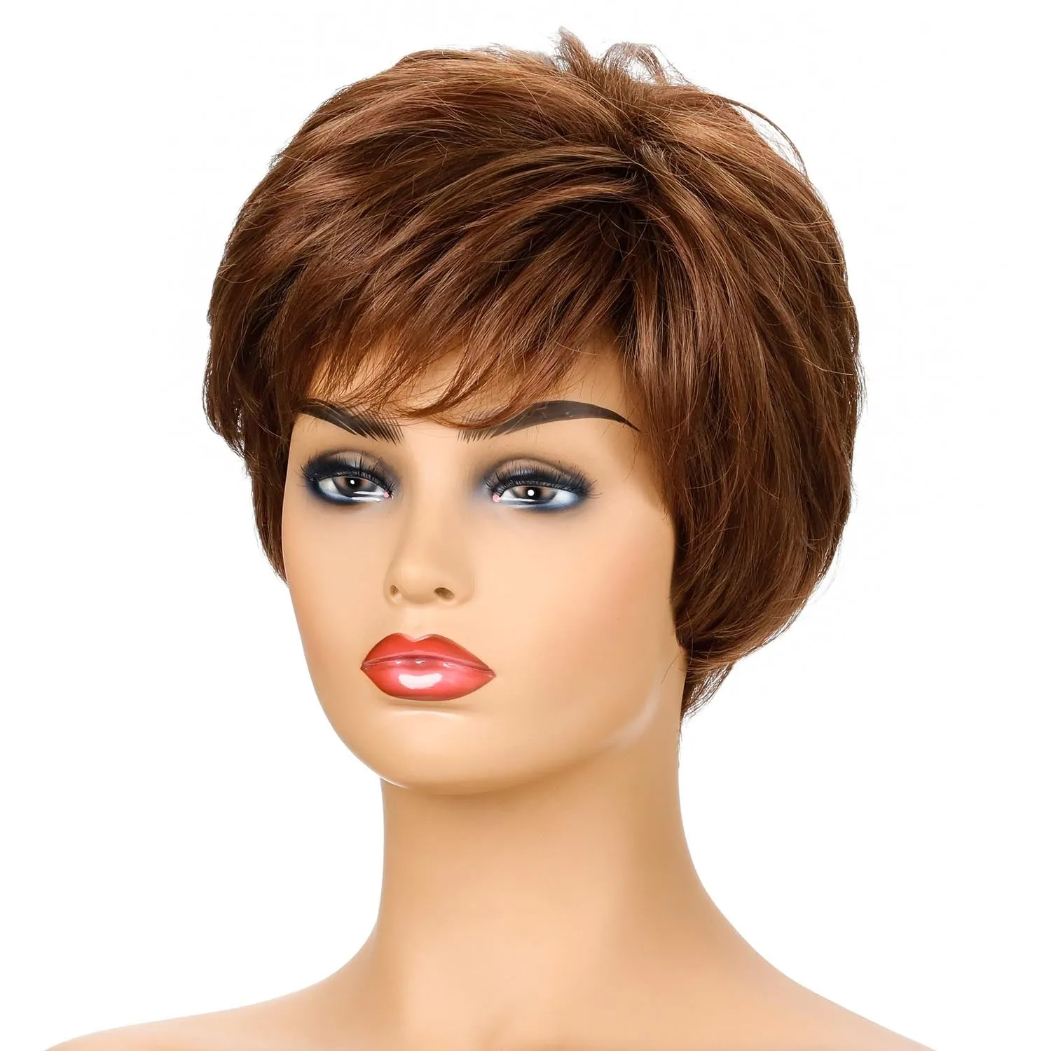 Julie | Brown Short Pixie Cut Wavy Synthetic Hair Wig With Bangs