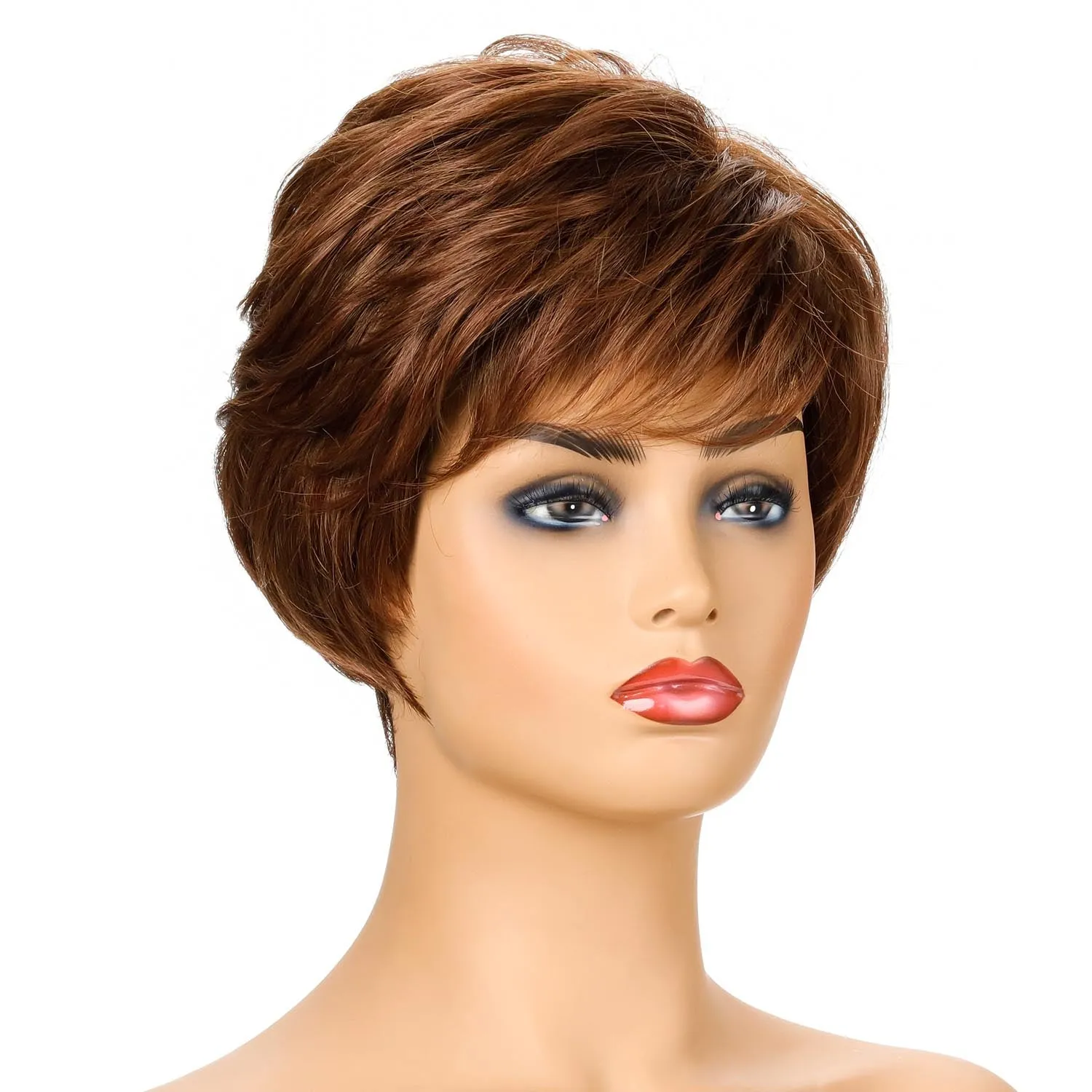 Julie | Brown Short Pixie Cut Wavy Synthetic Hair Wig With Bangs