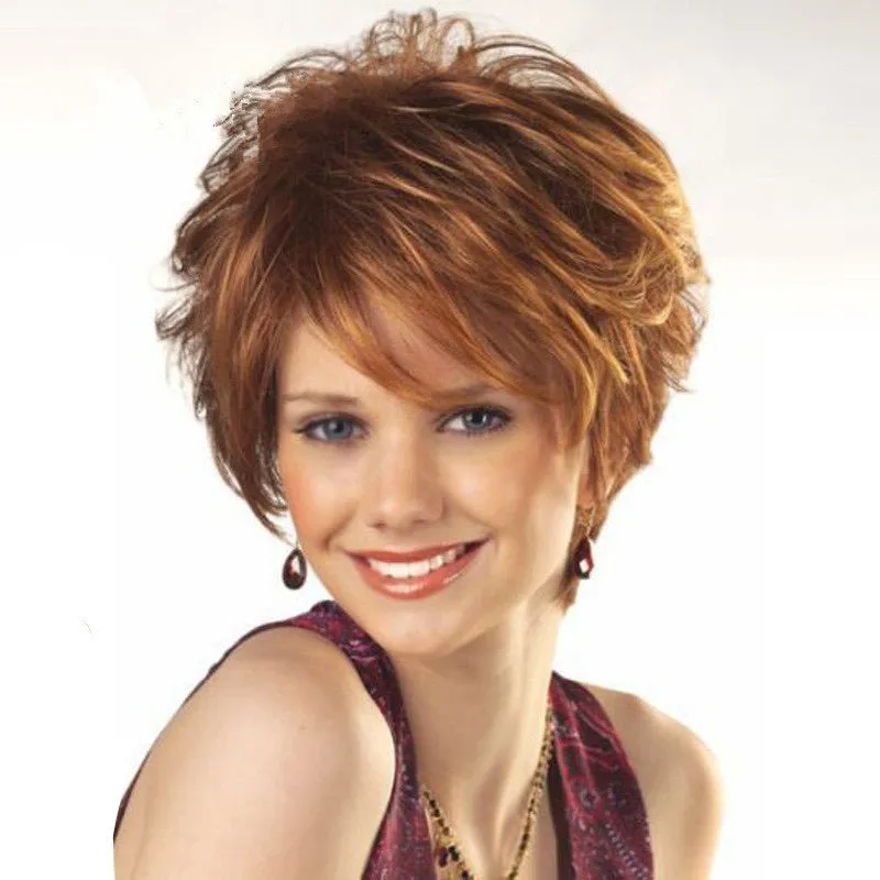 Julie | Brown Short Pixie Cut Wavy Synthetic Hair Wig With Bangs
