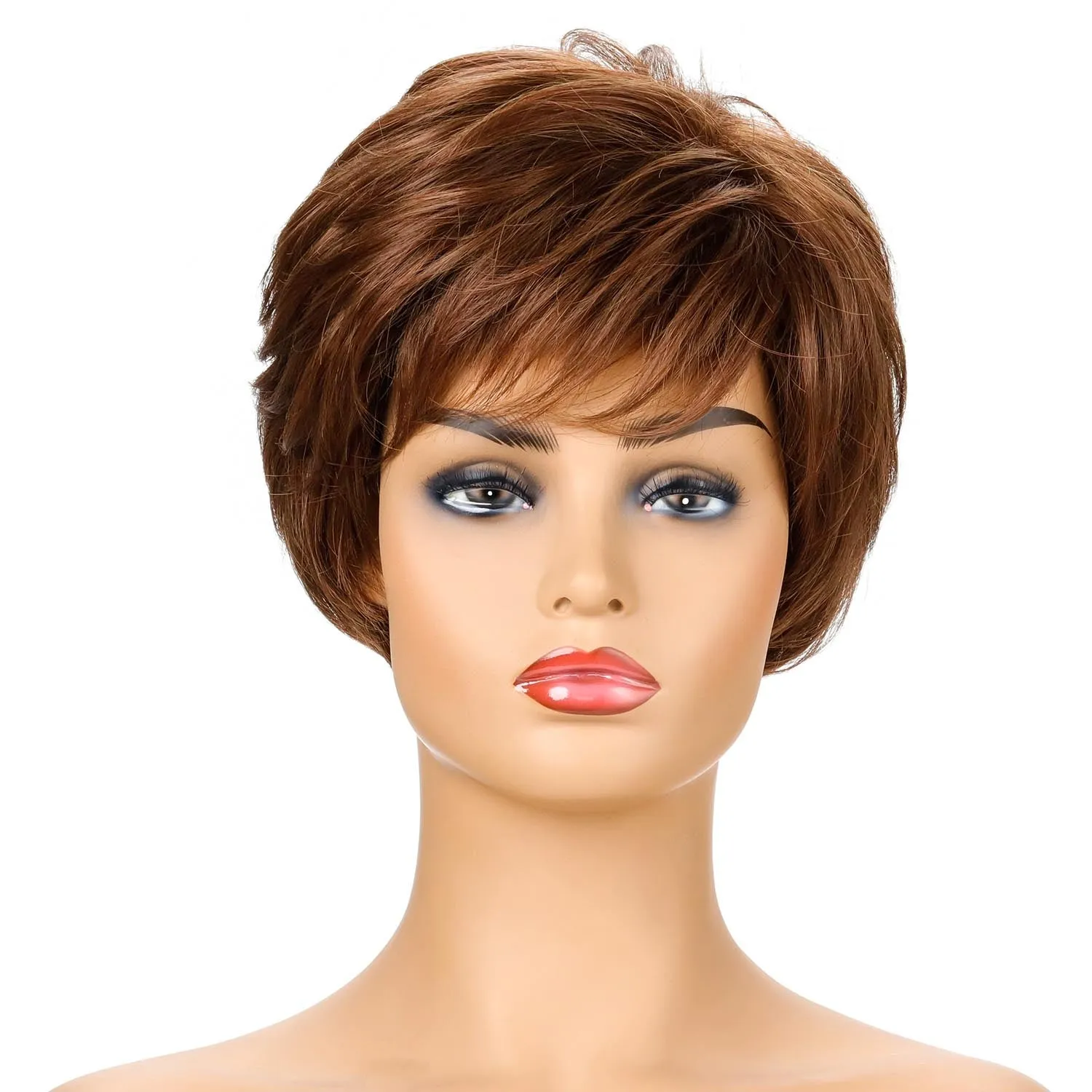 Julie | Brown Short Pixie Cut Wavy Synthetic Hair Wig With Bangs