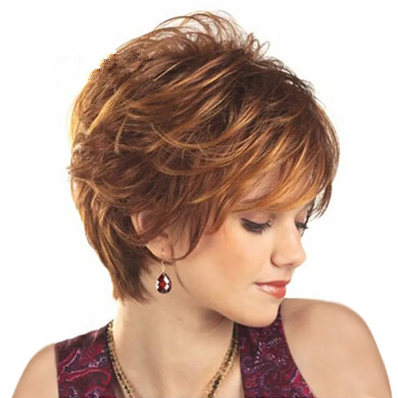 Julie | Brown Short Pixie Cut Wavy Synthetic Hair Wig With Bangs