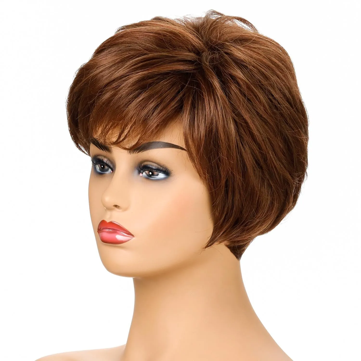 Julie | Brown Short Pixie Cut Wavy Synthetic Hair Wig With Bangs