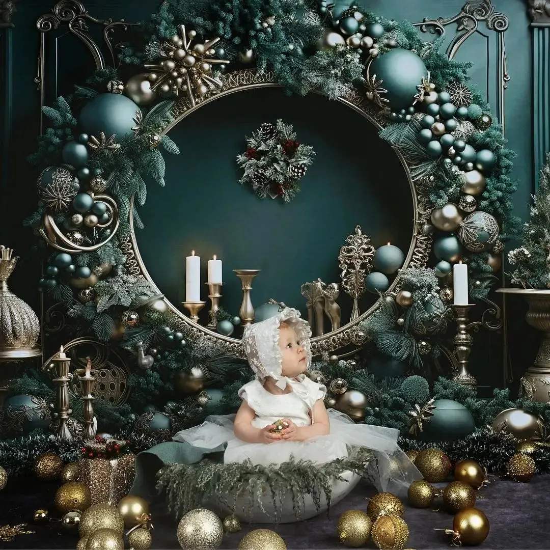 Kate Christmas Vintage Green Wall Big Wreath Fleece Backdrop Designed by Emetselch
