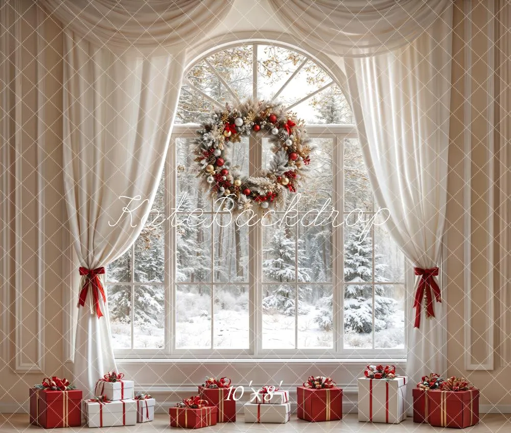Kate Christmas White Curtain Window Fleece Backdrop Designed by Emetselch