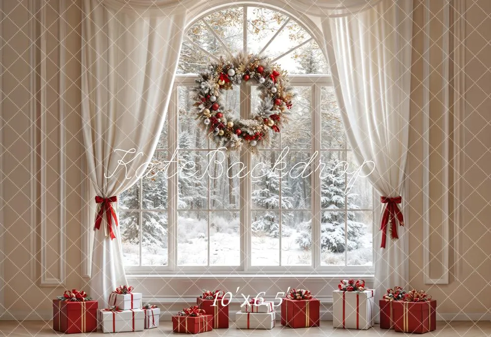 Kate Christmas White Curtain Window Fleece Backdrop Designed by Emetselch