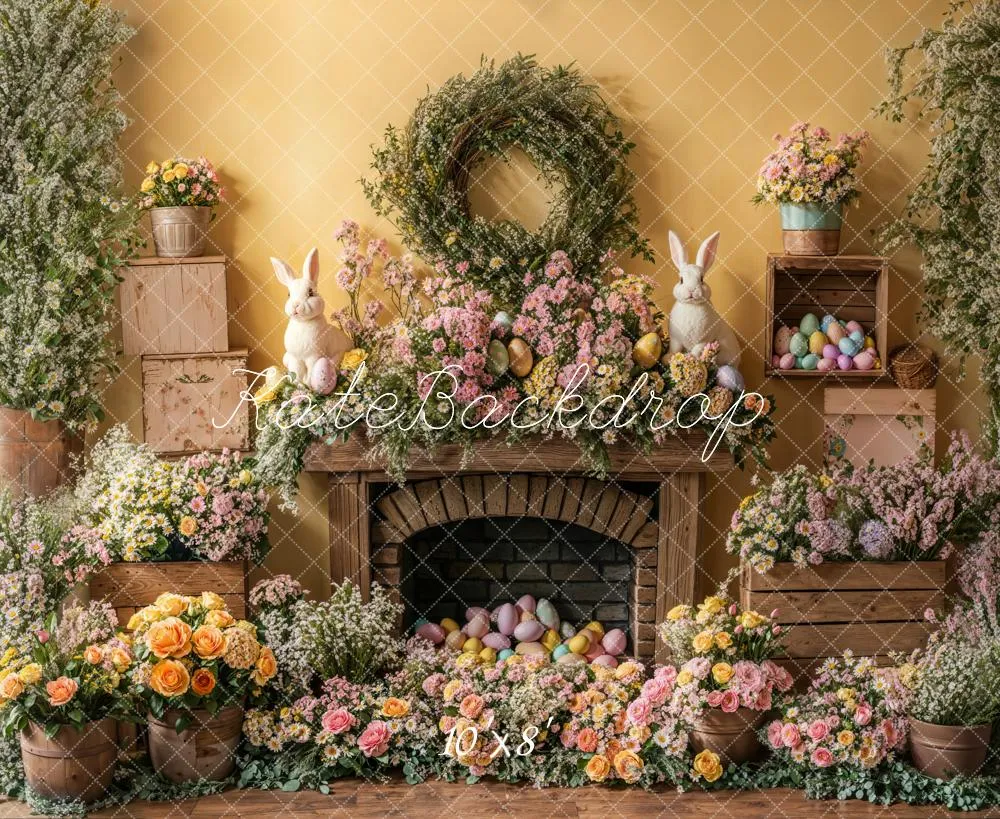 Kate Easter Bunny Floral Fireplace Fleece Backdrop Designed by Emetselch