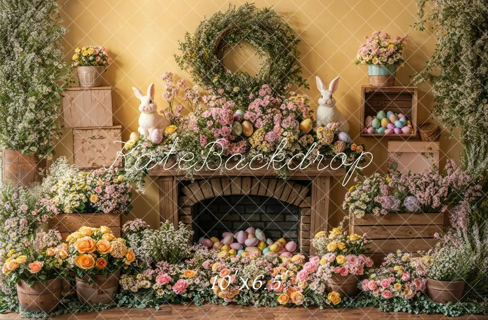Kate Easter Bunny Floral Fireplace Fleece Backdrop Designed by Emetselch