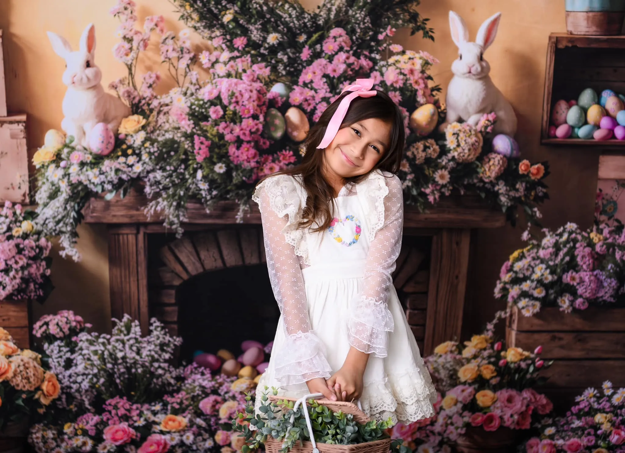 Kate Easter Bunny Floral Fireplace Fleece Backdrop Designed by Emetselch