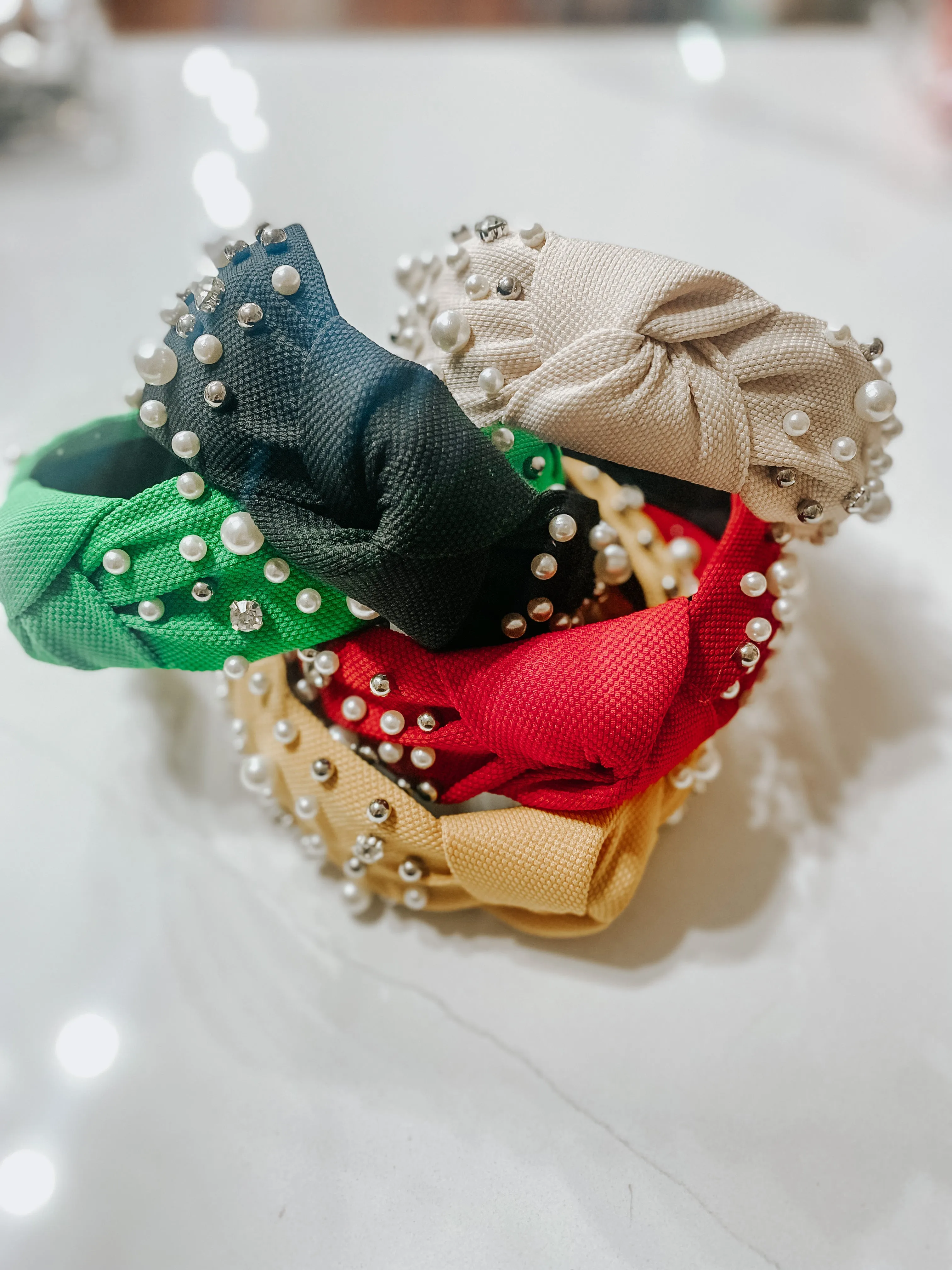 Knitted Pearls Rhinestone Top Knotted Headband