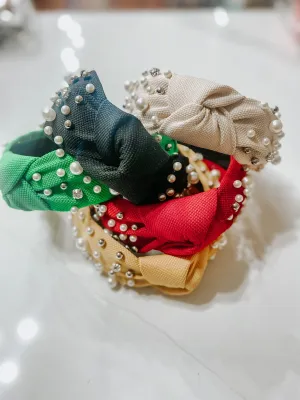 Knitted Pearls Rhinestone Top Knotted Headband