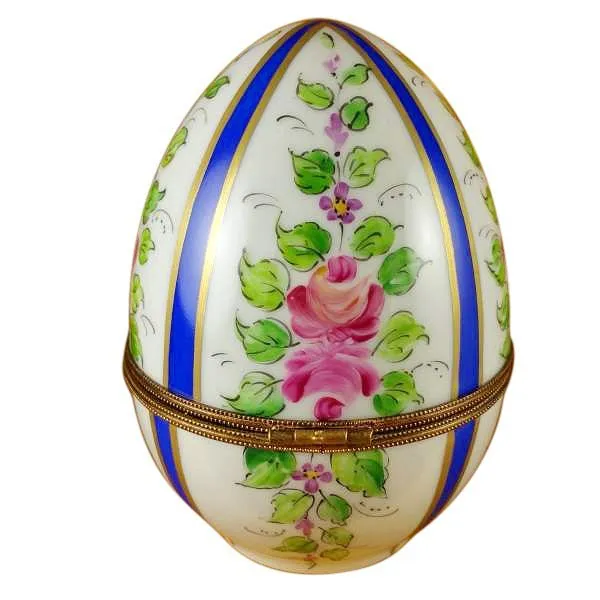 Large Blue Striped Egg with Flowers