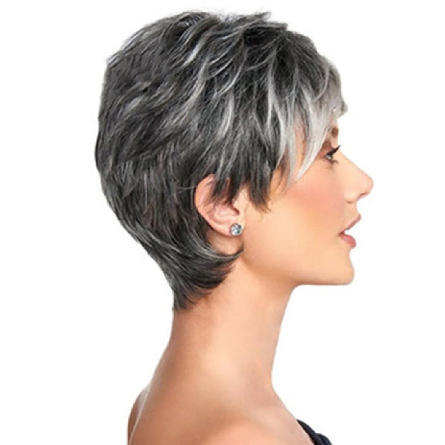 Leslie | Grey Short Pixie Cut Straight Synthetic Hair Wig With Bangs