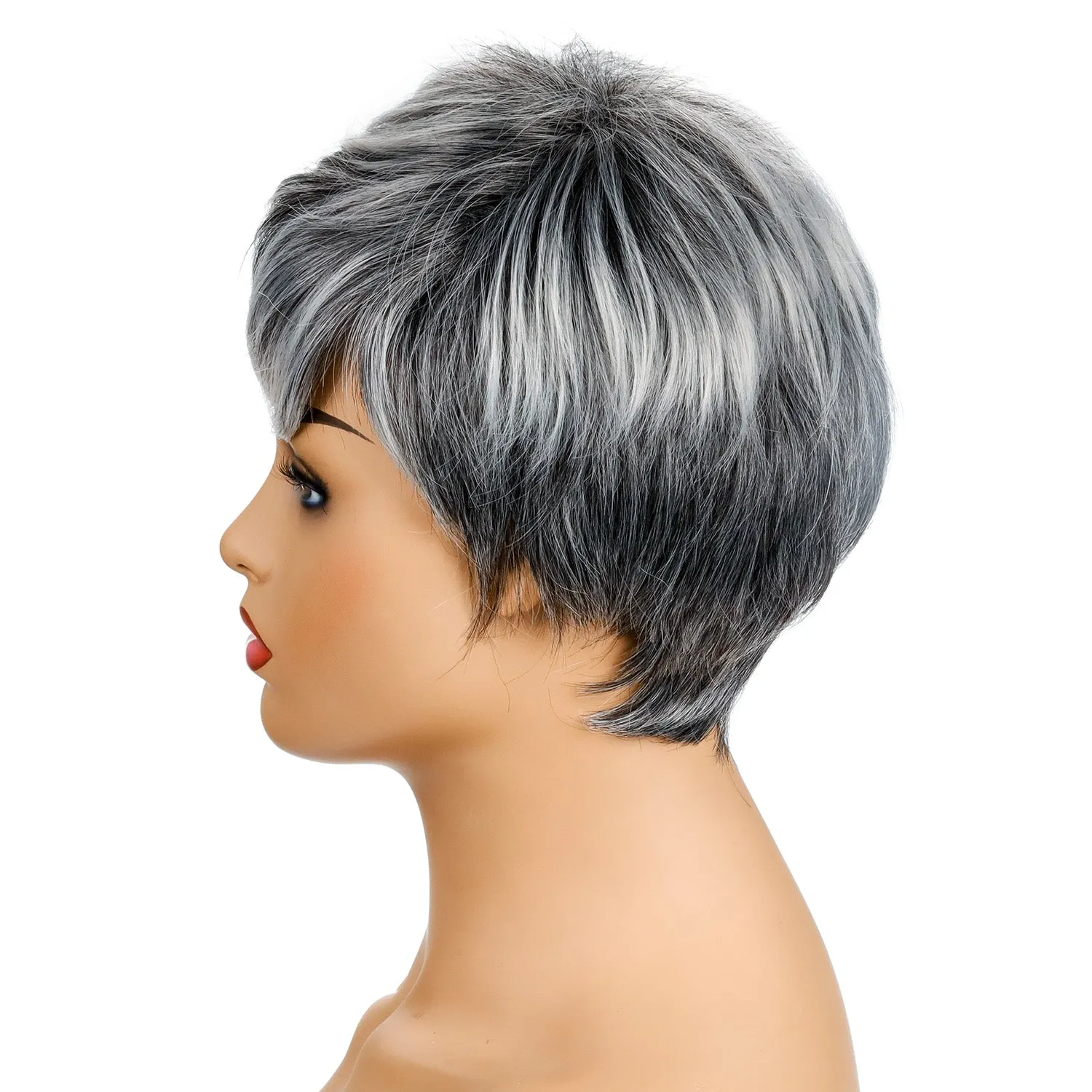 Leslie | Grey Short Pixie Cut Straight Synthetic Hair Wig With Bangs