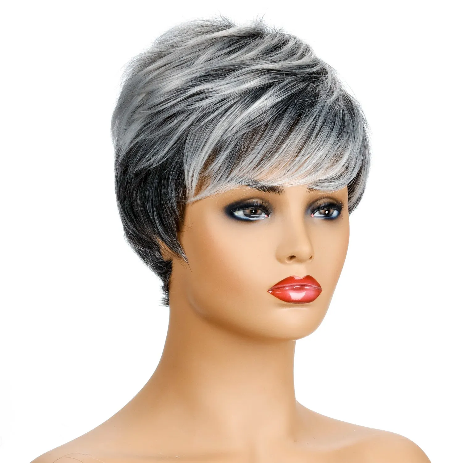 Leslie | Grey Short Pixie Cut Straight Synthetic Hair Wig With Bangs
