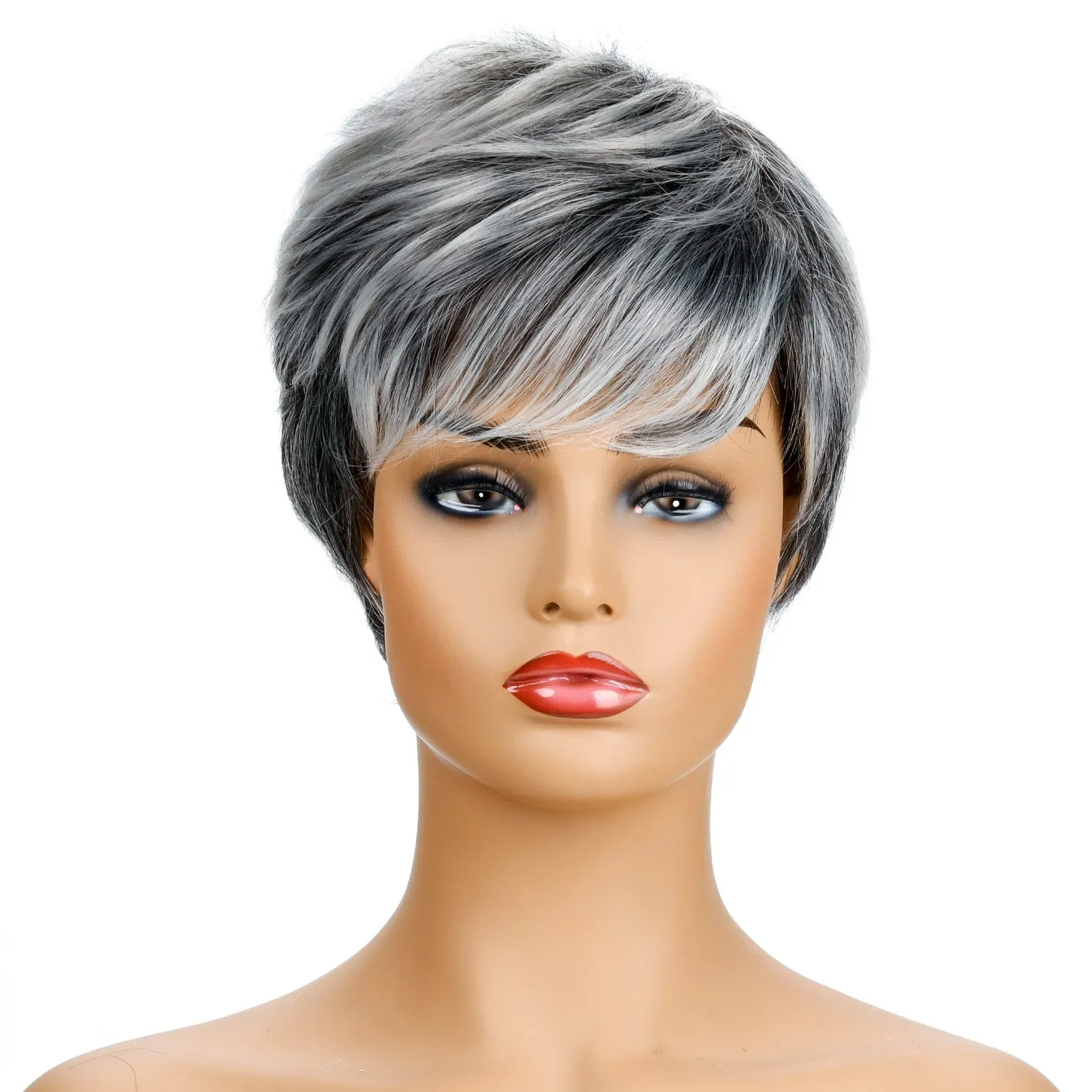 Leslie | Grey Short Pixie Cut Straight Synthetic Hair Wig With Bangs