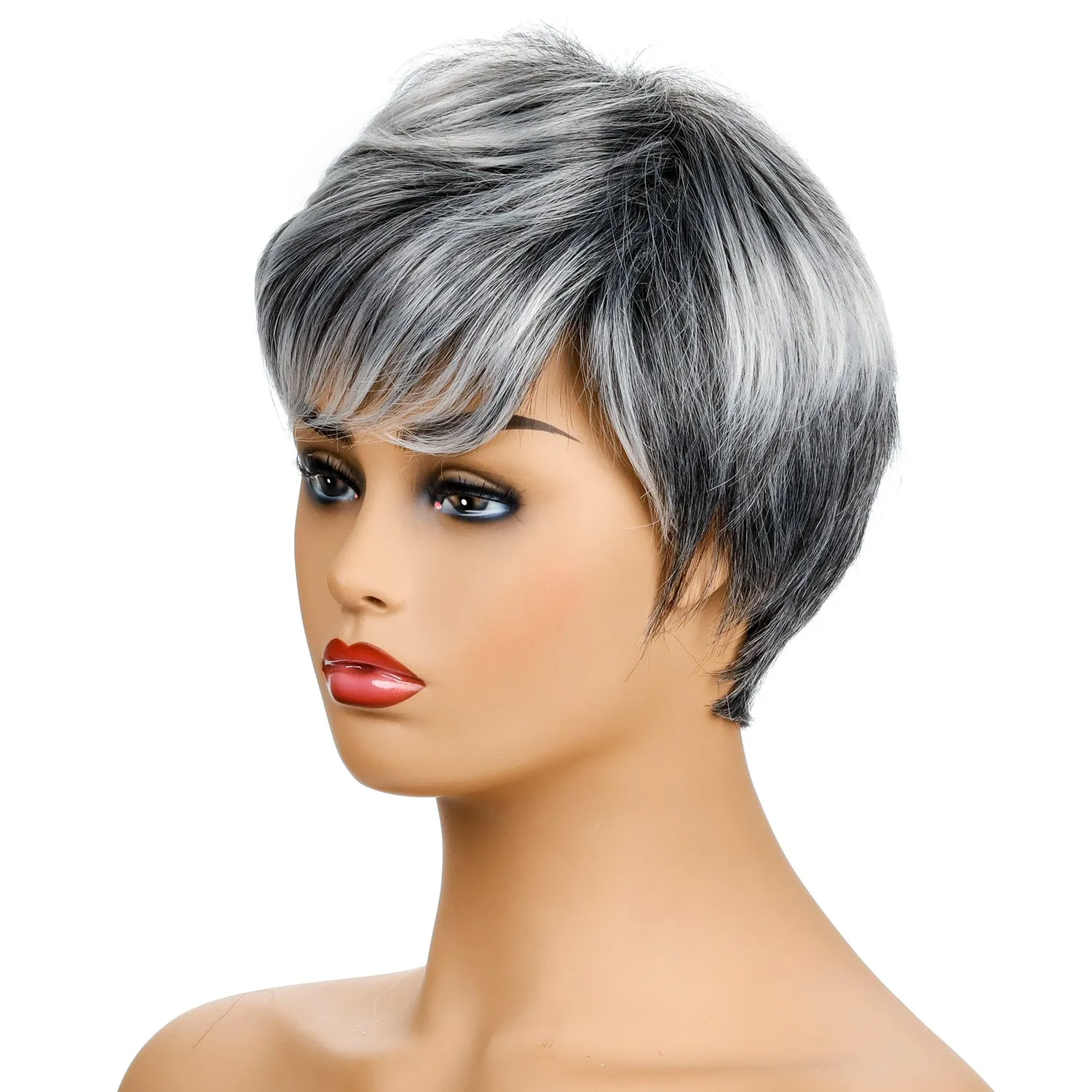 Leslie | Grey Short Pixie Cut Straight Synthetic Hair Wig With Bangs