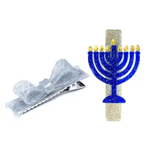 Lilies & Roses Menorah   Silver Glitter Bowtie Alligator Clip Set