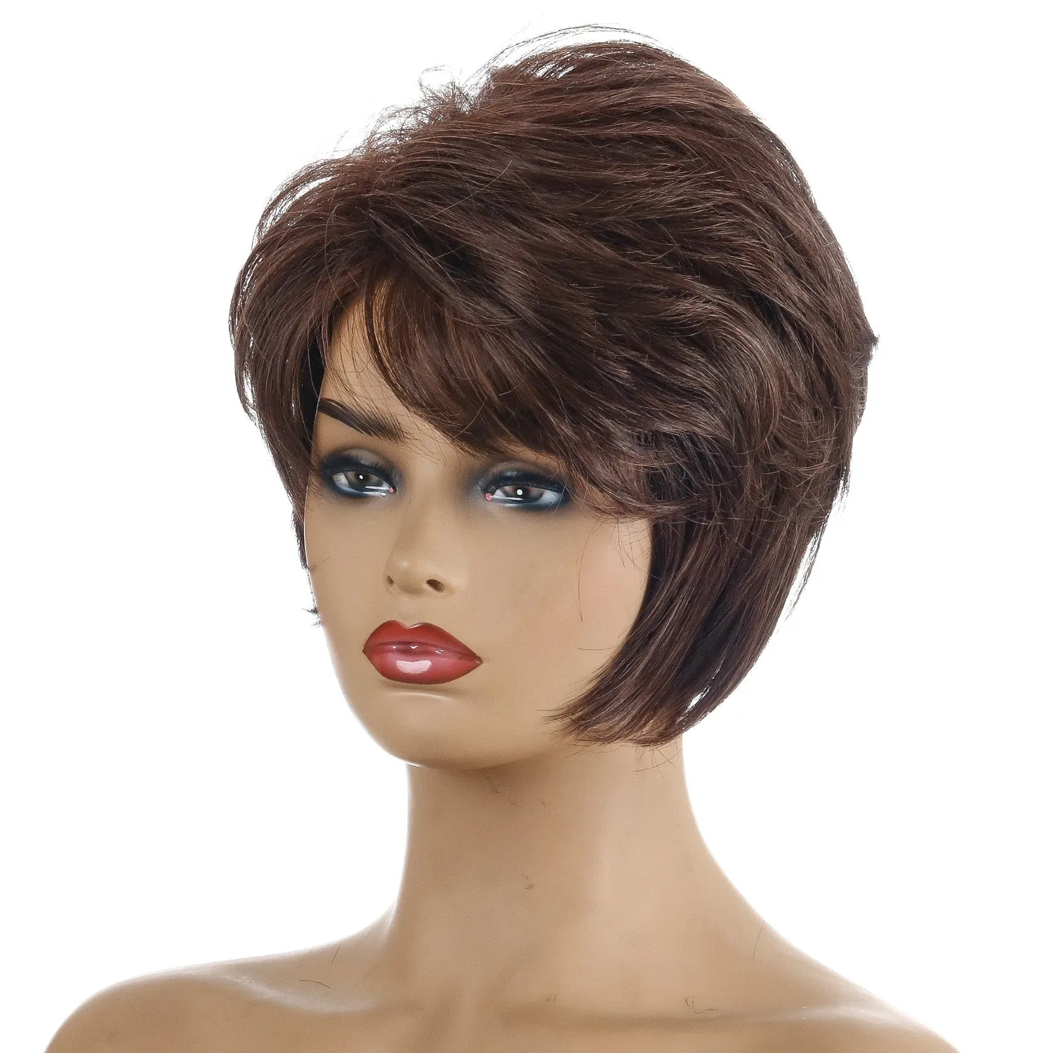 Lit | Brown Short Pixie Cut Straight Synthetic Hair Wig With Bangs