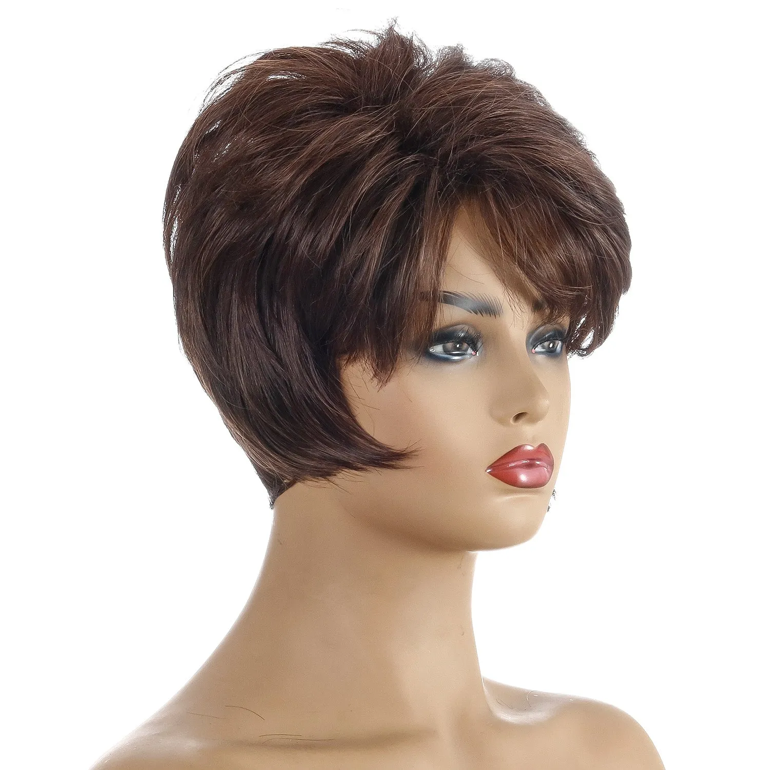 Lit | Brown Short Pixie Cut Straight Synthetic Hair Wig With Bangs