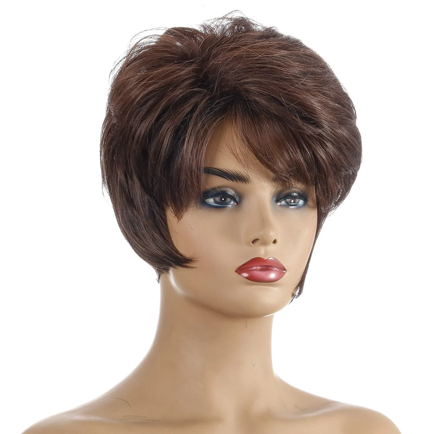 Lit | Brown Short Pixie Cut Straight Synthetic Hair Wig With Bangs