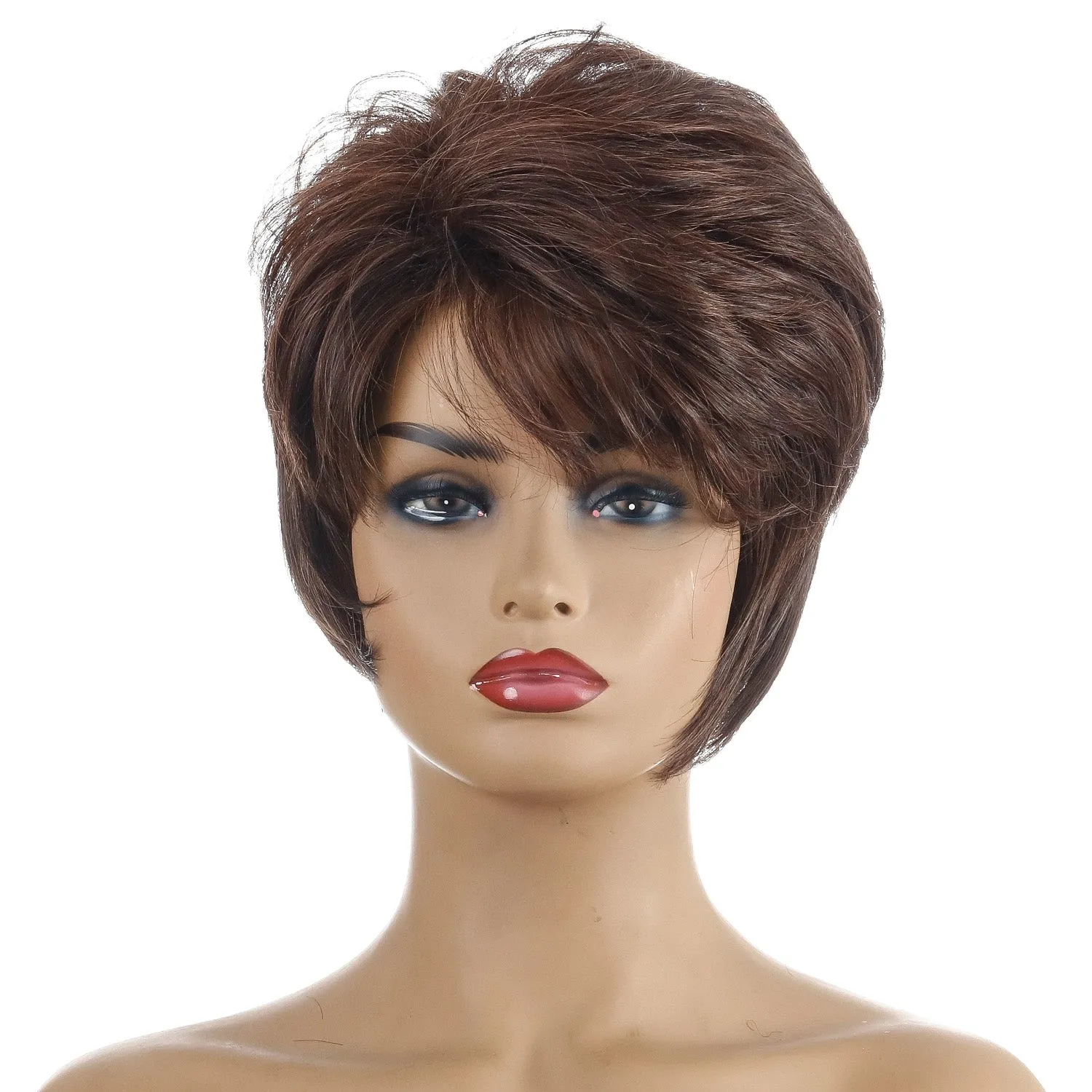 Lit | Brown Short Pixie Cut Straight Synthetic Hair Wig With Bangs