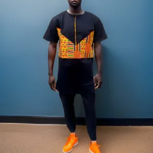 Men's African Trim Black/Orange Kente Top, Pants & Hat Set (XL)