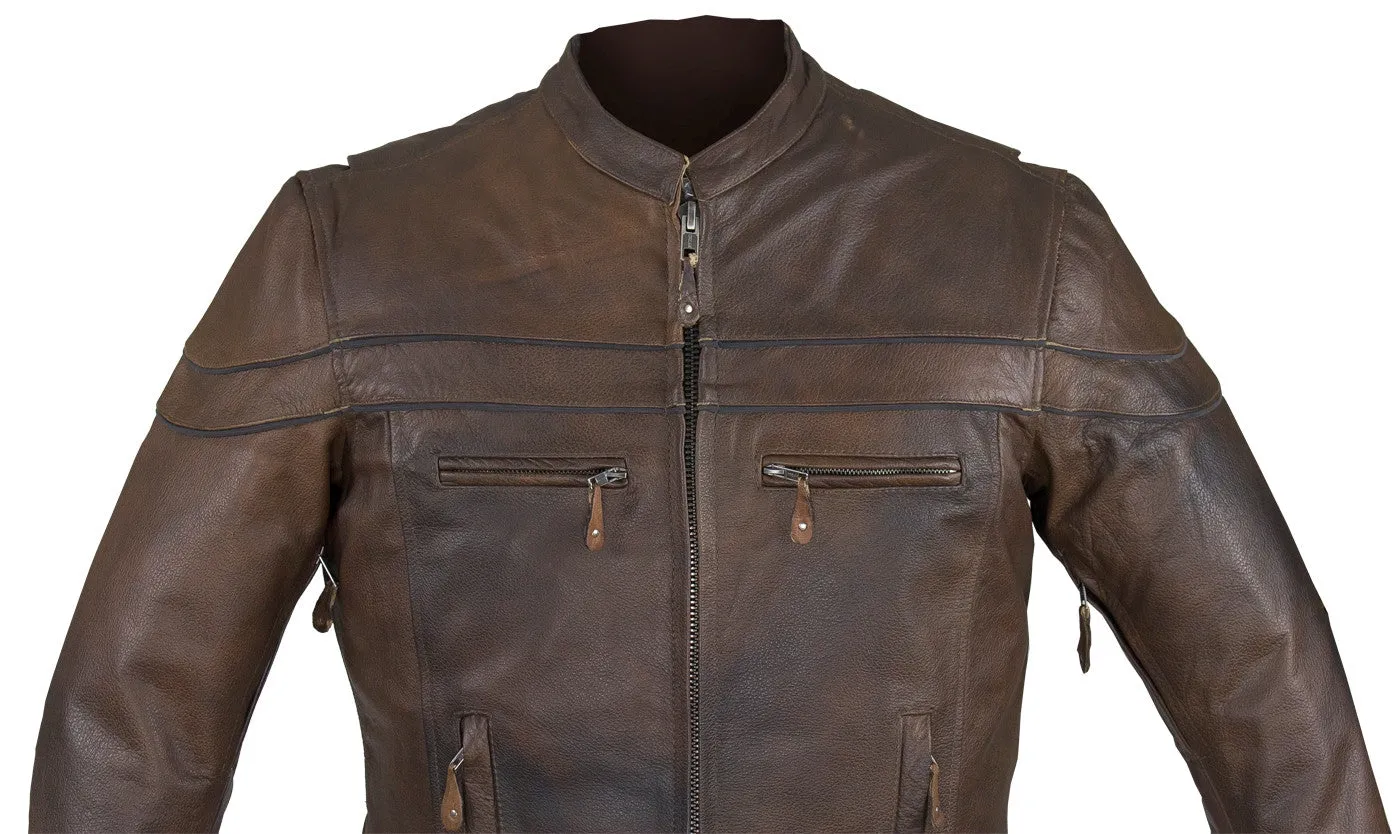 Men's Motorcycle Retro Brn Scoter Reflective Leather jacket with 2 Gun pockets