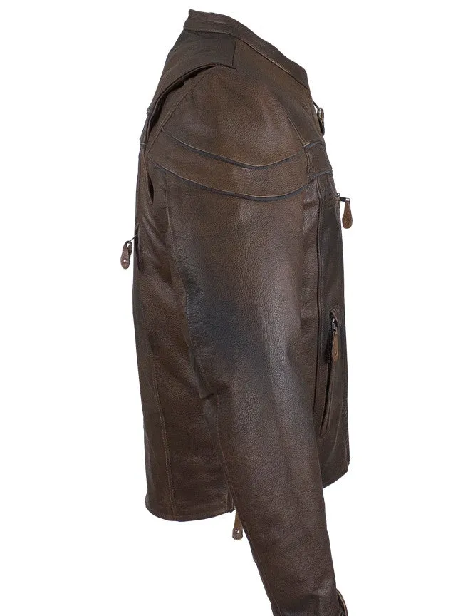 Men's Motorcycle Retro Brn Scoter Reflective Leather jacket with 2 Gun pockets