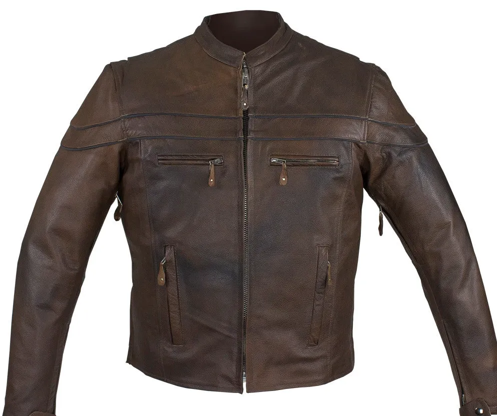 Men's Motorcycle Retro Brn Scoter Reflective Leather jacket with 2 Gun pockets