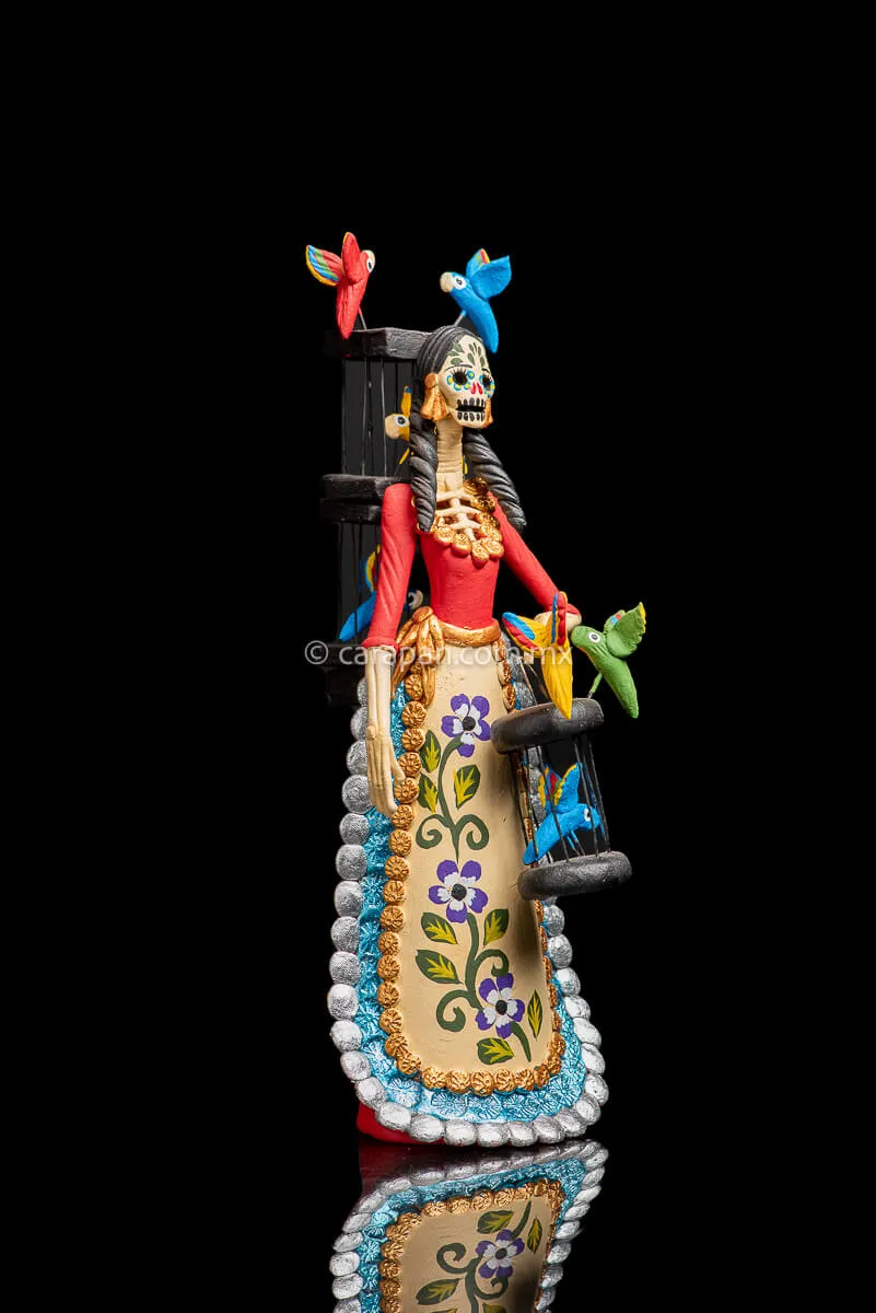 Mexican Catrina with Bird Cages Day of the Dead Sculpture