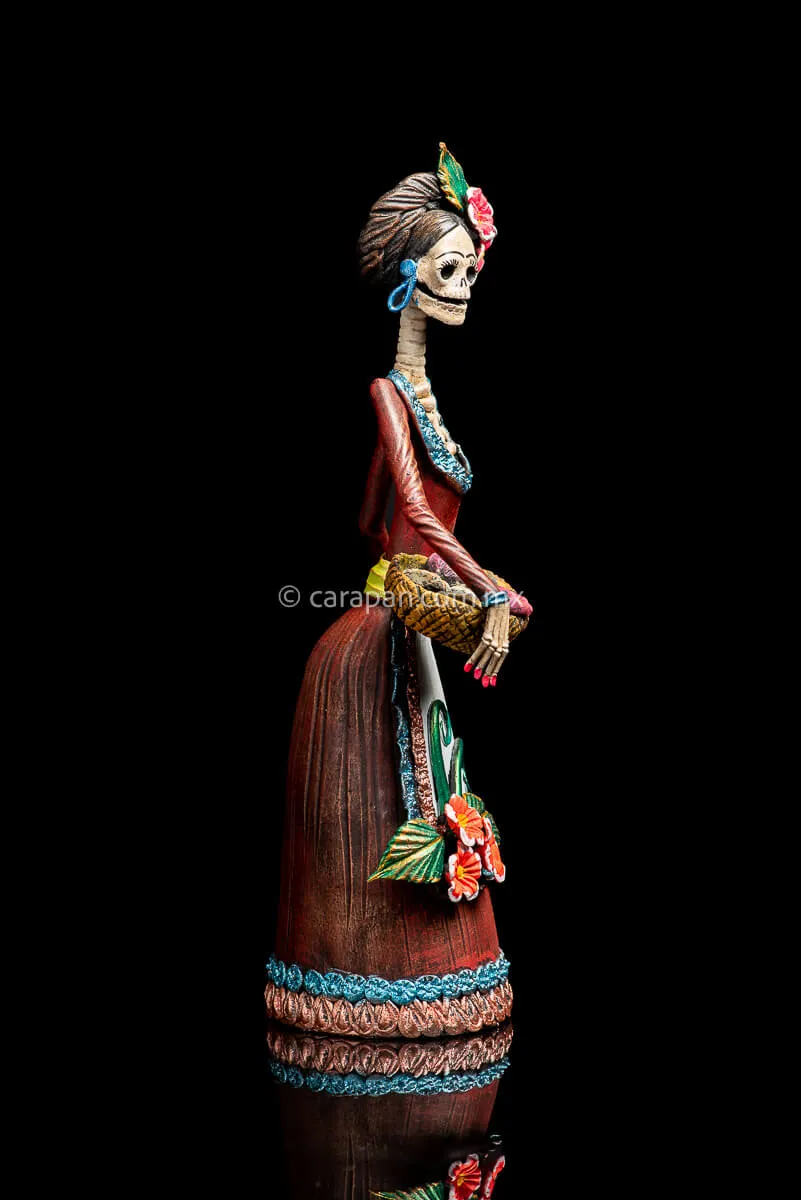 Mexican Catrina with Bread Basket Day of the Dead Sculpture