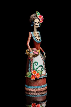 Mexican Catrina with Bread Basket Day of the Dead Sculpture