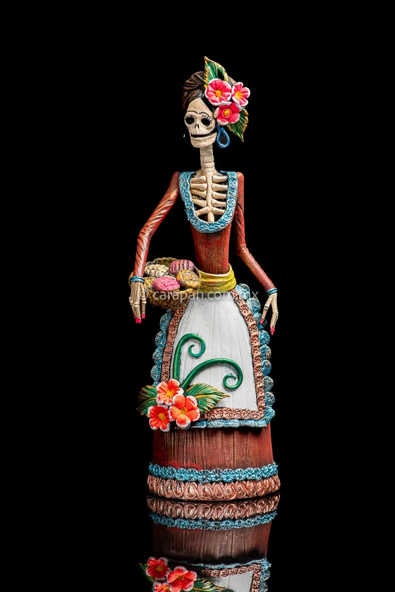Mexican Catrina with Bread Basket Day of the Dead Sculpture