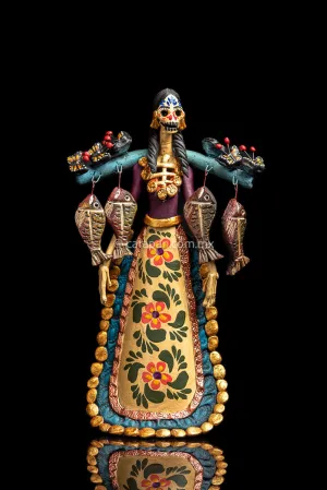 Mexican Catrina with Fish and Butterflies Day of the Dead Sculpture