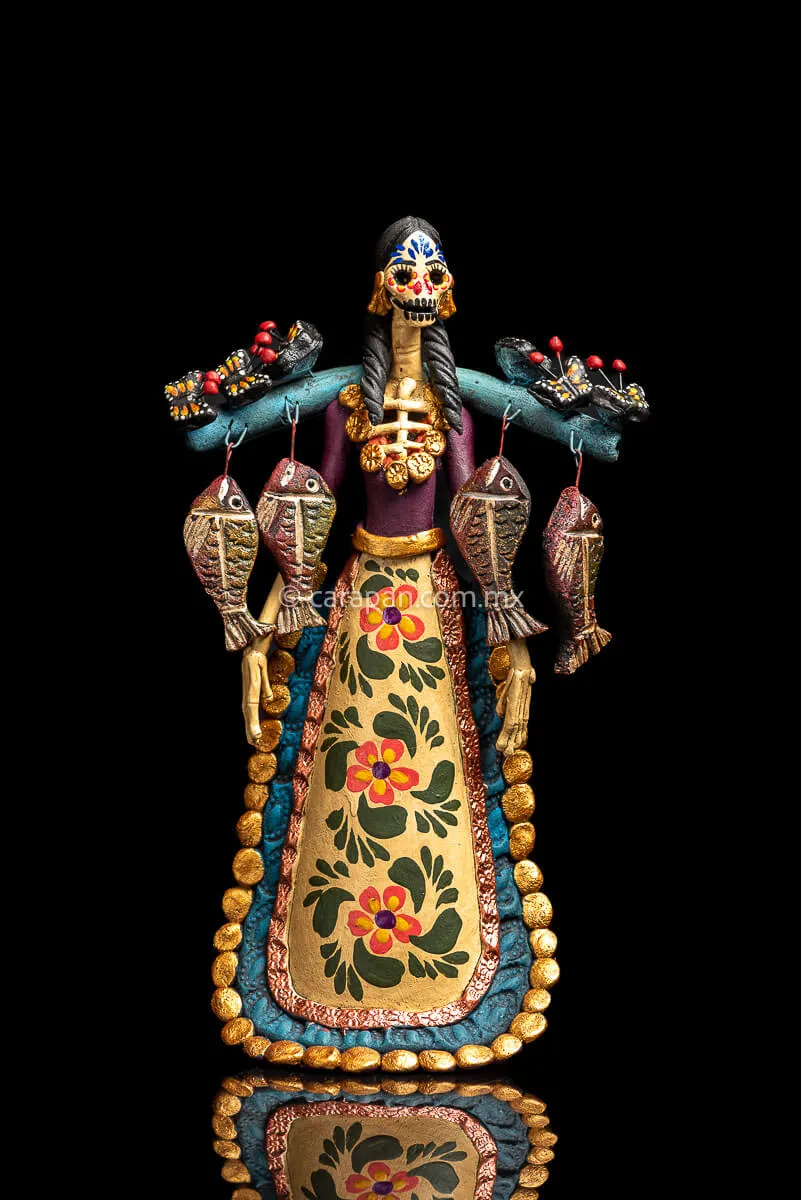 Mexican Catrina with Fish and Butterflies Day of the Dead Sculpture