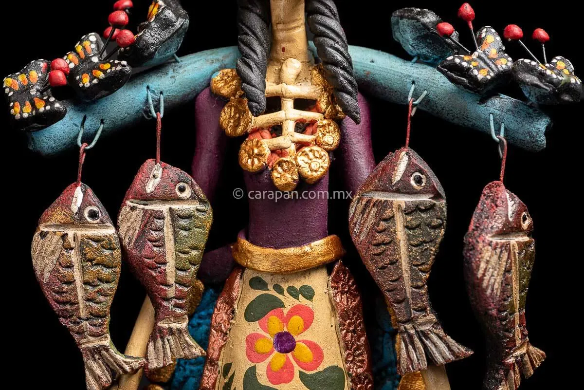 Mexican Catrina with Fish and Butterflies Day of the Dead Sculpture