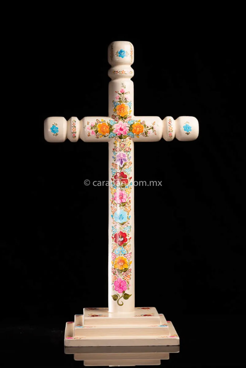 Mexican Lacquered Cross in beige with flowers.