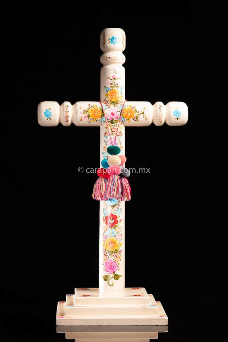 Mexican Lacquered Cross in beige with flowers.